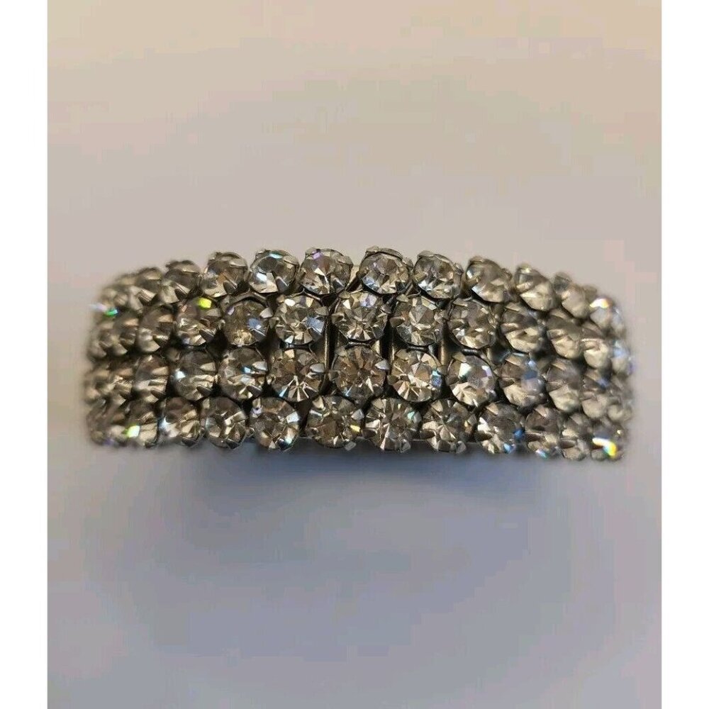 HIRFLEX USA Expansion Bracelet Triple Row Rhinestone Silver Tone Glam Bling Gift